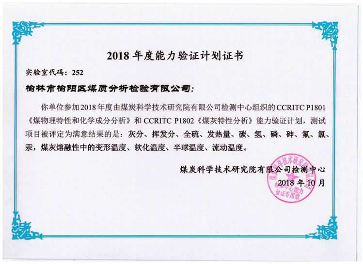 2018年度能力驗證計劃合格證書